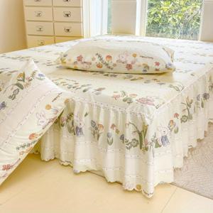 TEMU 목가적인 작은 꽃무늬와 귀여운 토끼 패턴이 있는 침대 스커트 3피스 세트 + 베개 커버 2개 포함, 높이 40cm, 세탁 가능한 소재, 사계절용, 베개 코어 미포함