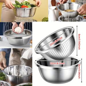 TEMU 주방용 2개 세트 스테인리스 마이크로포러스 콜랜더 & 대형 그릇, 8.6인치&11인치 쌀 세척용 스트레이너와 믹싱 그릇, 쌀 및 야채, 파스타, 스파게티, 과일 세척용 콜랜더 그릇 세트