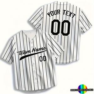 TEMU 맞춤형 남성용 야구 저지 - 개인화 텍스트 및 번호, 흰색에 검정 줄무늬, 스포츠 및 캐주얼 착용을 위한 통기성 원단, 봄 여름 가을용, 버튼업 디자인, 편안한 핏