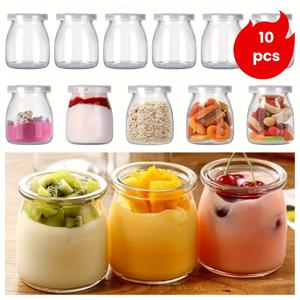 TEMU 10개 소형 유리병, 투명 PE 뚜껑 포함 - 푸딩, 향신료, 젤리, 요거트, 촛불 제조에 적합 - 주방 보관용 재사용 가능한 원형 용기, 주방 보관 솔루션|원형 병|안전 뚜껑 기능, 유리 식품 보관