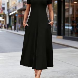 TEMU 여성용 스타일리시 블랙 A라인 미디 드레스, 짧은 소매, V넥 - 봄, 여름, 가을을 위한 캐주얼 우아함, 캐주얼 우아함 드레스 | 슬리크 핏 | 포켓 드레스