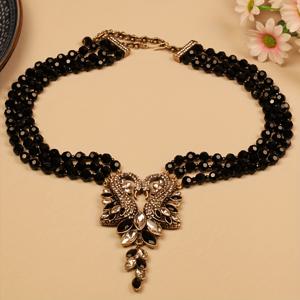 TEMU 블랙 비즈와 보석 액센트가 있는 우아한 빈티지 스타일의 더블 스완 목걸이 - 파티, банк릿, 특별한 기회를 위한 고급적인 구리 합금 펜던트, 목걸이