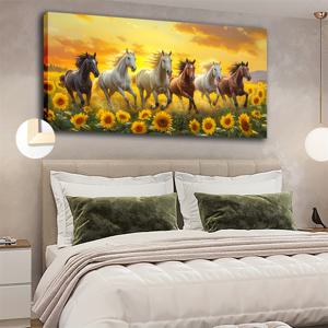 TEMU 대형 프레임 캔버스 벽화 - 인상주의 스타일의 말과 풍경, 황금 하늘, 거실, 침실, 사무실, 등에 이상적, 20x40인치, Fir Wood 프레임, 실내 벽 장식, 침실 벽 장식 | 황금 하늘 풍경 | 프레임 캔버스 아트, 말 장식