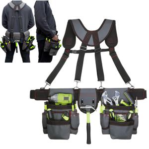 TEMU 도구 벨트, 남성용 전문 도구 벨트, 조절 가능한 허리 32~66인치, 서스펜더가 있는 도구 벨트, 목공자, 건설 작업자, 정원사용 전기 도구 벨트, 회색과 빨간색