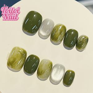 TEMU 10개 투이토이 네일 봄 여름 신제품 핸드메이드 매치 그린 마블 스월 밀리터리 그린 화이트 & 실버 믹스 디자인 젤리 탭 & 버퍼 포함 일상 및 업무용 재사용 가능하고 우아한 프레스온 네일