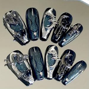 TEMU 10pcs 우아한 어두운 섬 파란색 & 청색 글리터 프레스드 네일 - 긴 발레 스타일의 반짝이는 동물 및 꽃 디자인, 결혼식, 파티, 공식 행사에 완벽한, 정식 네일 아트 | 글리터 네일 디자인 | 내구성 있는 네일