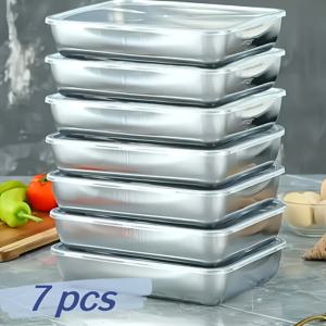 TEMU 7pcs 스테인레스 스틸 여행 및 배달 식품 용기, 쌓을 수 있음, 밀봉된 뚜껑, 전자레인지 안전, 플립 탑, 정사각형, 샐러드, 과일, 식품 보관, 주방 정리, 냉장고 신선도, 냉장고 안전, 다기능 식사 상자|냉장고|냉동고|전자레인지