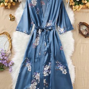 TEMU 여성용 우아한 플로럴 프린트 가운 - 비침 없는 V넥 홈웨어, 네이비 블루/화이트/퍼플/그레이, 사계절 라운지 웨어, 홈&스파용, 선물 추천, 여성 로브, 스파 라이크 디자인, 편안한 소재, 여성용 패션 가운