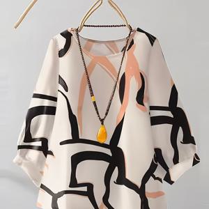 TEMU 여성용 우아한 기하학 프린트 블라우스 - 캐주얼 크루 넥, 반팔, 하이-로우 헴, 봄/여름/가을, 핑크와 흑백 추상 디자인