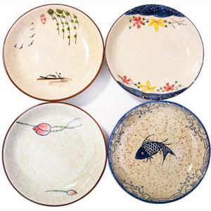 TEMU 4개 세트 7인치 일본 도자기 접시, 전통 장인 정신과 현대적 미학의 완벽한 조화 - 럭셔리 다이닝 아트가 여기서 시작됩니다, 고급 다이닝, 디자인,우아한 접시,내구성 있는 식기,스타일리시한 식기,장식용 접시,선물 구매자,인테리어 장식가