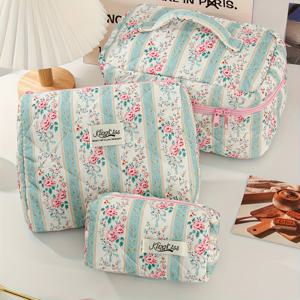 TEMU 플로랄 퀼트 화장품 파우치 - 대용량 여행 메이크업 정리함, 지퍼 클로저 내구성 폴리에스터 여성용 화장품 가방, 우아한 어머니날 생일 선물 (핑크/블루/그린/화이트), 페이스트 컬러 액세서리, 브랜딩 디자인
