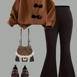 TEMU 봄과 가을 여아 패션 신상 세트: 귀엽고 달콤하며 활기찬 문학적 디자인의 정교한 리본 장식 라운드넥 긴팔 상의 + 스타일리시한 다용도 솔리드 컬러 팬츠, 데일리 아웃팅, 봄 여행, 해변 휴가, 가족 모임 파티에 완벽 – 편안한 투피스 수트로 섬세한 선물, 야외 활동에 이상적