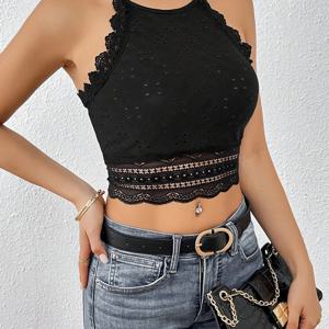 TEMU 여성용 우아한 민소매 레이스 트림 블라우스 - 라운드넥 숏 여름 드레스 탑, 단색 숏 길이, 이브닝 아웃핏, 웨딩 & 파티용 세탁기 사용 가능 - 드레스 또는 블라우스용 레이스 패널 블라우스 (패딩 없음) - 우아한 스페셜