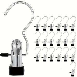 TEMU 20개입 고강도 스테인리스 스틸 빨래 클립 (후크 포함) - 360° 회전 옷장 정리, 가정 및 여행용 튼튼한 메탈 옷걸이, 공간 절약형 다기능 수납 (청바지, 바지, 모자, 옷핀, 빨랫바)