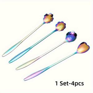 TEMU 4개 세트 무지개 반짝이 스테인리스 커피 숟가락, 6.88인치 x 1.1인치, 긴 손잡이, 창의적인 꽃잎 디자인, 내구성과 스타일리시한 주방용품, 디저트, 차, 커피 액세서리, 장식 주방 용품, 고품질 공예