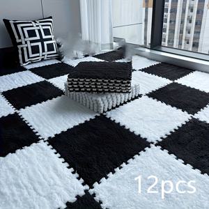 TEMU 12개 장식용 작은 사각형 카펫 타일 - 파란색과 검은색 체크무늬, 기계제작 폴리에스터 블렌드, 거실, 침실, 또는 입구 장식에 완벽, 침실 장식 | 체크무늬 | 쉬운 관리 소재, 거실용 카펫