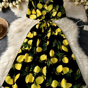 TEMU 여성용 빈티지 스타일 레몬 프린트 A라인 드레스 - 반팔, 허리끈, 흰색과 노란색 레몬과 초록색 잎, 여름에 이상적, 캐주얼한 이벤트, 캐주얼한 의상 | 꽃 프린트 드레스 | 와이드 칼라 디자인, 레몬 드레스