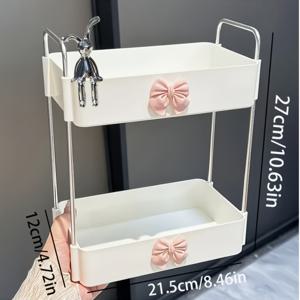 TEMU 1개 2단 화장품 정리함, 자체 조립 파스텔 액세서리와 토끼 리본 장식 - 다기능 욕실 수납 상자, 싱크대용 플라스틱 카운터탑 오거나이저, 작은 공간 절약 디자인, 휴일 생일 선물, 장식 리본 디테일|욕실 장식 및 액세서리