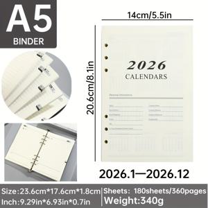 TEMU 2026년 A5 영문 연도 캘린더 리필 1팩 - 시간 관리 노트북 교체용 페이지, 매일 계획서 삽입물 (180장/360페이지), 디자인 & 내구성 있는 종이|2025년달력