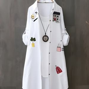 TEMU 여성용 긴팔 캐주얼 상의 - 섬세한 공예, 통기성 소재, 귀여운 만화 프린트, V넥, 루즈핏, 봄/여름/가을에 완벽, 필수 옷장 필수품