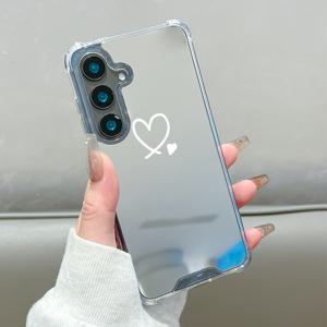 TEMU 2025 신제품 럭셔리 크리에이티브 패션 네모난 충격 방지 보호 화이트 하트 패턴 미러 폰 케이스 삼성 갤럭시 S25 S24 S23 S22 S21 Plus Ultra FE A55 A54 A53 A52 A52S A32 A23 A16 A15 A14 5G GU1 가족, 연인, 친구에게 선물하기 좋은 축제용 선물