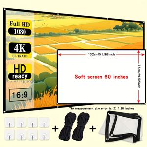 TEMU 접이식 휴대용 스크린, 60-150인치 16:9 두꺼운 스크린 포함, 로프 제공. 간편 설치, 드릴 필요 없음. 야외 캠핑, 해변, 교실, 회의실, 홈시어터 등에 적합. 로프로 나무에 고정 가능, 쉬운 프로젝션. 반복 세척 가능, 더러워지는 걱정 없음