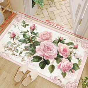 TEMU 1pc 빈티지 꽃 무늬 러그 - 우아한 분홍색 장미와 녹색 잎 디자인, 기계 세척 가능, 미끄럼 방지 PVC 뒷면, 현관, 거실, 침실, 또는 세탁실에 이상적, 1cm 두께, 폴리에스터, 실내 도어 매트|장식 도어 매트|PVC 뒷면 매트