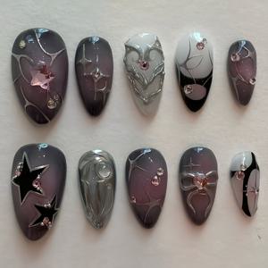 TEMU 아몬드 모양, 유리 같은 질감과 3D 별, 리본 & 라인스톤이 돋보이는 독특하고 화려한 컬러풀 룩을 위한 프레스온 풀 커버 네일 10개 세트