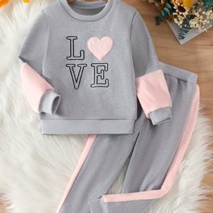 TEMU 여아용 레터링 프린트 컬러 블록 긴팔 팬츠 세트 가을 겨울 캐주얼 투피스, 야외 활동에 완벽