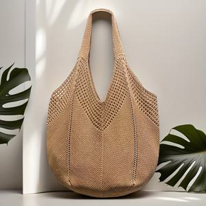 TEMU 여성용 대용량 니트 코바늘 뜨개질 스타일리시한 할로우 우븐 토트백 (카키색), 해변 휴가 및 캐주얼 외출에 완벽, 비치백.