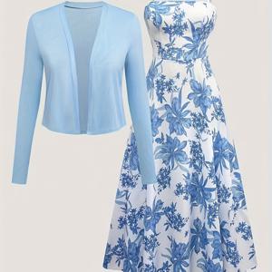 TEMU 여성용 우아한 투피스 플로랄 프린트 드레스 세트 - 오프숄더 긴팔 탑 & 흐르는 스커트, 노란색과 흰 꽃, 봄/여름/가을에 완벽, 캐주얼부터 포멀 의상까지, 캐주얼 의상|플로랄 프린트 탑|흐르는 스커트