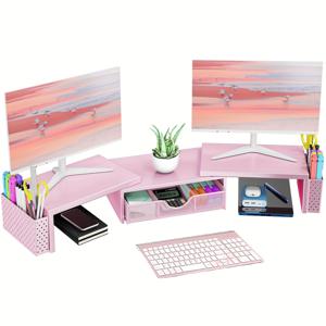 TEMU 서랍 및 펜 홀더 2개가 있는 듀얼 모니터 스탠드, 조절 가능한 금속 데스크 정리함, 사무용품 및 작업 공간 정리대, 남녀 선물용 홈 데스크 오거나이저|모니터받침대