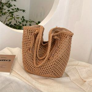 TEMU 프린지 디테일이 있는 수제 크로셰 토트 백 - 베이지 & 브라운 디자인, 여성용 대용량 숄더 백, 일상적인 사용에 적합, 손세탁 또는 드라이클렌, 다용도 캐리올, 장식용 폼퐈, 내부는 천으로 안장
