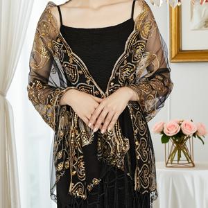 TEMU 플러스 사이즈 럭셔리 핸드메이드 공작 시퀸 숄 랩 - 중동 스타일 나비 패턴 블랙 & 골든 세미시어 우아한 파티 케이프, 여성용 봄 여름 가을 정장 행사용 반짝이 디테일