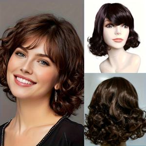 TEMU 여성용 우아한 자연스러운 짧은 곱슬 가발 - 브라운 웨이브 사이드 뱅, 조절 가능한 캡 네트, 중년 및 노인에게 착용하기 쉬움, 일상 및 휴가 의상에 다용도, 캐주얼 헤어피스, 자연스러운 머리핀, 안전한 착용감
