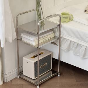 TEMU 세련된 스타일의 3단 스테인리스 스틸 사이드 테이블 - 저장 선반 - 산업 디자인 - 거실, 침실, 화장품, 책을 위한 독립적인 조직자 | 튼튼한 금속 및 계층적인 선반 구조, 스타일리쉬한 금속 마감|책꽂이|사이드테이블