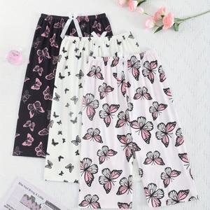 TEMU 여성용 나비 프린트 3/4 슬리브 파자마 바지 - 부드러운 폴리에스터, 탄력 있는 허리띠와 보우 디테일, 모든 계절의 편안함, 생동감 있는 핑크색과 보라색 나비 디자인의 캐주얼 잠옷, 편안한 라운지웨어 | 재미있는 프린트 바지 | 부드러운 질감의 원단