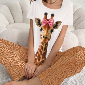 TEMU 여성용 캐주얼 파자마 세트, 폴리에스터 원단, 크루 넥 디자인, 동물 프린트, 사슴 무늬가 있는 긴팔 상의와 바지