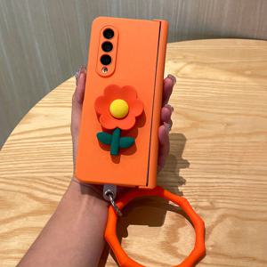 TEMU 힌지 오렌지 쉘/블랙/핑크 + 3D DIY 오렌지 꽃/화이트 꽃/핑크 꽃 + 후크 카드 + 웨이브 팔찌 삼성 갤럭시 Z 폴드 7, Z 폴드 6, Z 폴드 5, Z 폴드 4, Z 폴드 3 호환 폰 케이스