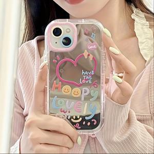 TEMU 귀여운 소녀 하트 모양 충격 방지 백 커버 케이스, Apple iPhone 11/12/13/14/15, iPhone16/15/14/13/12/11 Pro Max XS/XR/X/7/8/Plus용 - 미러 크림-하트 투명 화이트-012DM