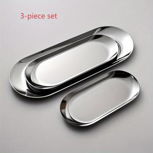 TEMU 3pcs 스테인레스 스틸 오발 트레이 세트, 아침 식사 트레이, 스낵 트레이, 튀긴 음식 트레이, 프라이즈 트레이, 스시 트레이, 디저트 트레이, 파티, 바베큐 및 디저트에 적합, 수건 트레이, 식기 세척기 안전