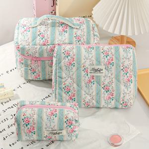 TEMU 3세트 플로럴 퀼트 여행용 화장품 가방, 대용량 접이식 메이크업 파우치 - 여성, 학생 및 사무직자들을 위한 이어폰, 안경, 화장품, 여행용 가방 보관에 적합