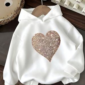 TEMU 여아용 하트 패턴 프린트 후드티 | 캐주얼 가을/겨울 긴팔 풀오버, 편안함, 학생, 청소년, 생일, 개학, 졸업 선물로 이상적