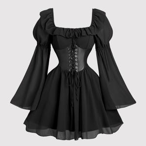 TEMU 가을 러플 A라인 빈티지 드레스, 세미 포멀 드레스, 여성 가을 의류, 리본 드레스, 아름다운 긴소매 드레스, 오프숄더 타이웨이스트 슬림핏 커뮤터 드레스, 크리스마스, 베이비돌 드레스