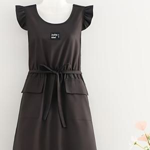 TEMU 조절 가능한 허리 끈이 있는 우아한 민소매 앞치마 - 통기성 솔리드 컬러 주방용 & 네일 살롱 앞치마, 러플 밑단 A라인 디자인, 세탁 가능 작업복, 주방 및 살론 착용용 섬세한 원단 디테일