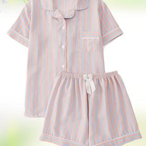 TEMU 여성용 봄/여름 파자마 세트, 핑크 및 블루, 편안한 루즈핏, 버튼업 탑 및 탄성 반바지, 보우 디테일, 반팔, 짧은 길이, 캐주얼 홈웨어, 캐주얼 웨어 | 파자마 | 탄성 허리띠