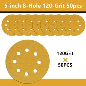 TEMU 50팩 5인치 8홀 골든 백킹 샌딩 디스크, SiC 연마재 포함 - 40/60/80/100/120/150/180/240/320/400/600 그릿, 오비탈 & 랜덤 오비탈 샌더용, 먼지 방지 및 막힘 방지 디스크, 목공, 자동차, 금속 연마에 적합