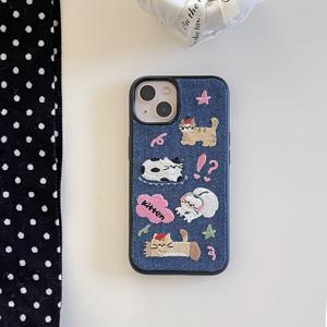 TEMU 소량생산 데님 자수 시리즈, 컬러풀 폴카 도트 핑크 리본 화이트 캣 풀바디 폰 케이스, 아이폰 12/11/13 프로 맥스/14/15 프로/16 프로 맥스용