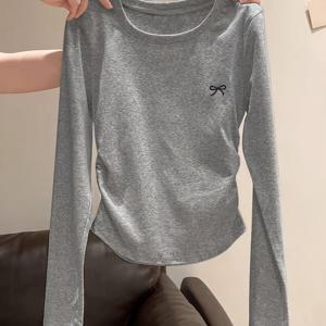 TEMU 여성용 우아한 V넥 긴팔 티셔츠, 리본 프린트 - 슬림핏, 허리 주름 디자인, 라이트 그레이, 봄/가을 캐주얼 스타일, 여성 티셔츠, 여성용 긴팔 폴로, 여성용 폴로, 여성 티셔츠, 여성 상의, 여성 반팔, 반팔티, 반팔티 여성