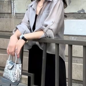 TEMU 여성용 2025 여름 휴가 시크 롱 슬리브 셔츠 - 가벼운 루즈핏 칼라 블라우스 포켓, 반투명 솔리드 컬러 비치 아웃핑 & 캐주얼 웨어, 해변 의류, 세련된 룩, 고품질 원단